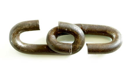 two vintage chain links making teamwork on white
