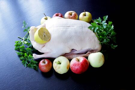 raw duck drake ready to cook with vegetables and apples on blackの写真素材