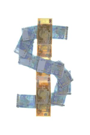 dollar sign symbol made of euros representing strength os US currency isolated on white backgroundの写真素材