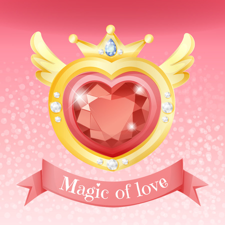 Sparkling heart gem on gold border with add diamond on shining pink background, abstract design.のイラスト素材