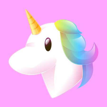 cartoon rainbow unicorn head graphic on pink backgroundのイラスト素材