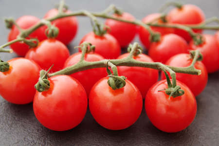 Cherry tomato branch. Cherry tomatoes on a black background. Red tomatoes on a twig on a black background.の写真素材