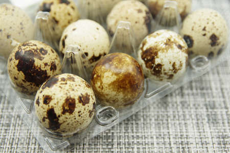 Quail eggs in a plastic box on a gray background. Close-up viewの写真素材