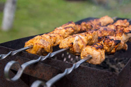 Home made shaslik on open fire. Shish kebabs is frying on the barbecue grill.の写真素材