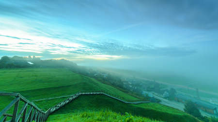 Wonderful autumn morning on the mound of Seredge. View of the Nemunas River drowned in fog.のeditorial素材