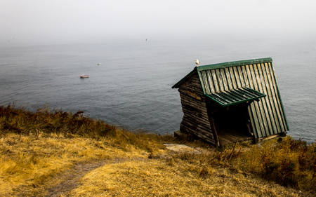 A path leads to a bird sightseeing post with a seagull standing on top of it.の写真素材