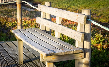 Close-Up of an empty two-person wooden bench against some vegetation in the background.