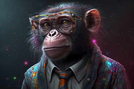 Monkey in glasses and a suit on a dark background - Generative AIの素材