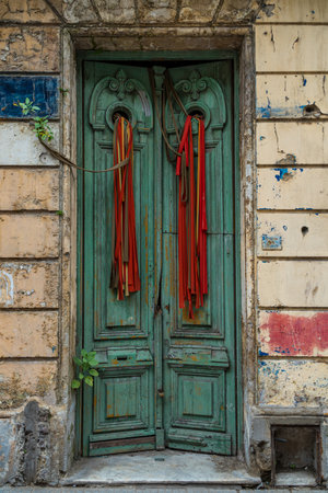 Detail a door of abandoned old house in the center of Montevideo, Uruguayの写真素材