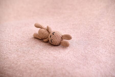 Knitted brown bear with black wool eyesの写真素材