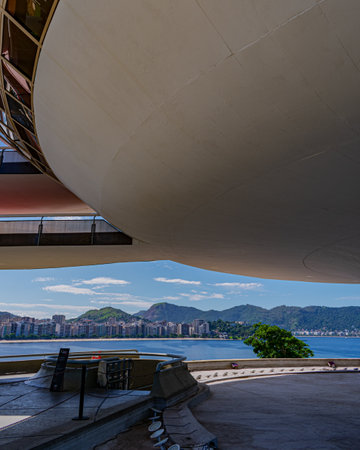 NiterÃ³i, Rio de Janeiro, Brazil - CIRCA 2021: The Museum of Contemporary Art in NiterÃ³i was designed by Oscar Niemeyer. Voted one of the 10 most influential works of architecture in the last 50 yearsのeditorial素材