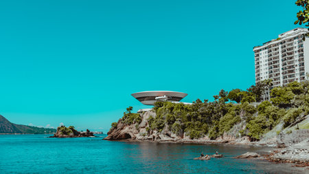 NiterÃ³i, Rio de Janeiro, Brazil - CIRCA 2021: The Museum of Contemporary Art in NiterÃ³i was designed by Oscar Niemeyer. Voted one of the 10 most influential works of architecture in the last 50 yearsのeditorial素材