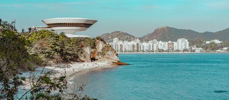 NiterÃ³i, Rio de Janeiro, Brazil - CIRCA 2021: The Museum of Contemporary Art in NiterÃ³i was designed by Oscar Niemeyer. Voted one of the 10 most influential works of architecture in the last 50 yearsのeditorial素材