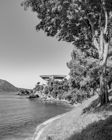 NiterÃ³i, Rio de Janeiro, Brazil - CIRCA 2021: The Museum of Contemporary Art in NiterÃ³i was designed by Oscar Niemeyer. Voted one of the 10 most influential works of architecture in the last 50 yearsのeditorial素材