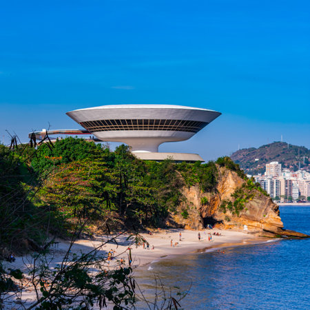 NiterÃ³i, Rio de Janeiro, Brazil - CIRCA 2021: The Museum of Contemporary Art in NiterÃ³i was designed by Oscar Niemeyer. Voted one of the 10 most influential works of architecture in the last 50 yearsのeditorial素材