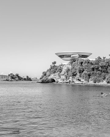 NiterÃ³i, Rio de Janeiro, Brazil - CIRCA 2021: The Museum of Contemporary Art in NiterÃ³i was designed by Oscar Niemeyer. Voted one of the 10 most influential works of architecture in the last 50 yearsのeditorial素材