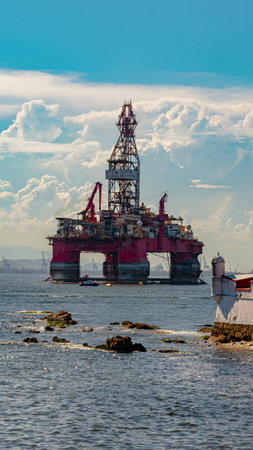 Oil exploration platform (offshore) anchored in Guanabara Bay, Rio de Janeiro, Brazil. This area is...