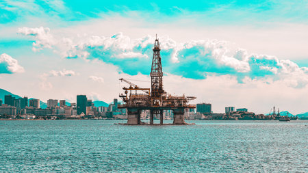 Guanabara Bay, Rio de Janeiro, Brazil - CIRCA 2021: Platform for the exploration of the oil industry (offshore). This bay is part of the Santos Basin and is an active fieldのeditorial素材