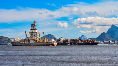 Guanabara Bay, Rio de Janeiro, Brazil - CIRCA 2021: Platform for the exploration of the oil industry (offshore). This bay is part of the Santos Basin and is an active fieldのeditorial素材