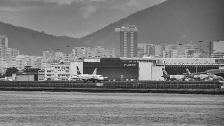 Rio de Janeiro, Brazil - CIRCA 2020: Brazilian commercial plane taxiing on the runway at Santos...