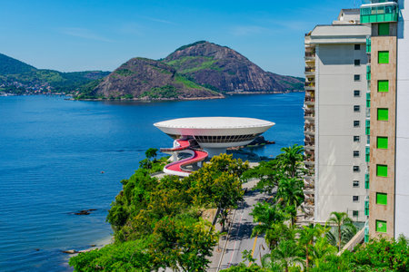 Editorial photo from the Museum of Contemporary Art of NiterÃ³i. This tourist spot is a project by Oscar Niemeyer and is the symbol of the city.のeditorial素材