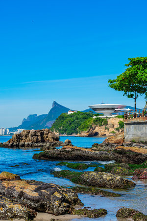 Editorial photo from the Museum of Contemporary Art of NiterÃ³i. This tourist spot is a project by Oscar Niemeyer and is the symbol of the city.のeditorial素材
