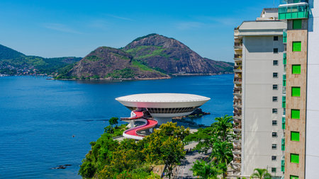 Editorial photo from the Museum of Contemporary Art of NiterÃ³i. This tourist spot is a project by Oscar Niemeyer and is the symbol of the city.のeditorial素材