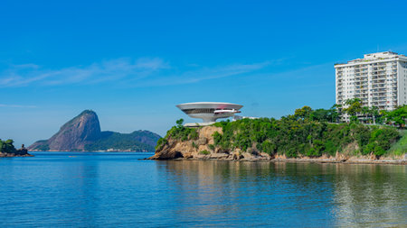 Editorial photo from the Museum of Contemporary Art of NiterÃ³i. This tourist spot is a project by Oscar Niemeyer and is the symbol of the city.のeditorial素材
