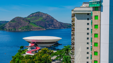 Editorial photo from the Museum of Contemporary Art of NiterÃ³i. This tourist spot is a project by Oscar Niemeyer and is the symbol of the city.のeditorial素材