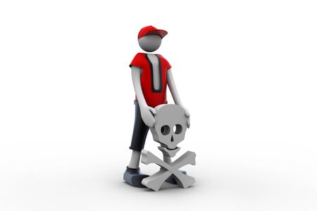 3d man with danger skull signの写真素材