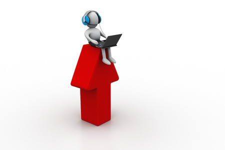 3d man with a laptop and headphoneの写真素材