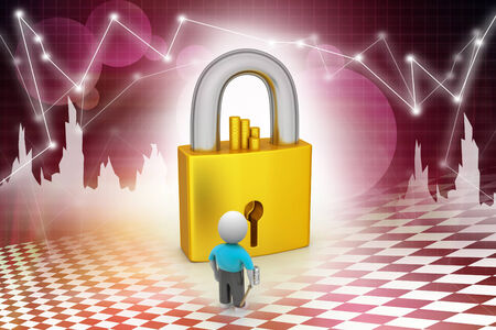 3D man holding a   key and padlockの写真素材