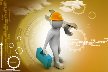 3D construction worker with spanner and safety helmetの写真素材