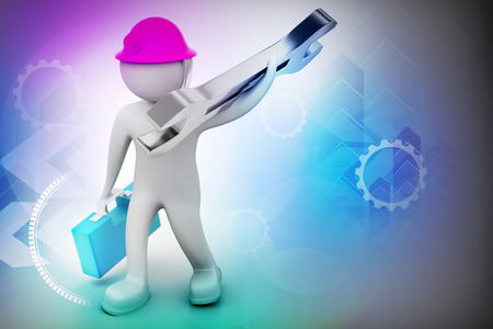 3D construction worker with spanner and safety helmetの写真素材