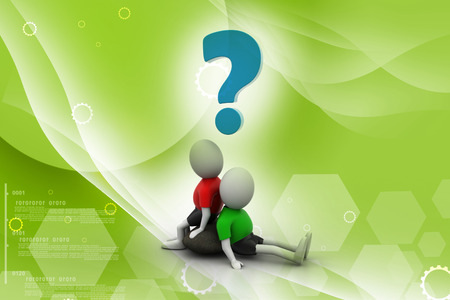 3d people sitting with question mark isolated over white backgroundの写真素材
