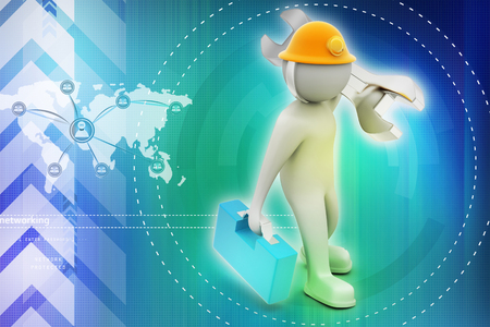 3D construction worker with spanner and safety helmetの写真素材