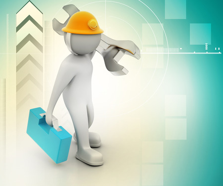 3D construction worker with spanner and safety helmetの写真素材