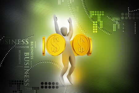 Golden coins around happy 3d small personの写真素材