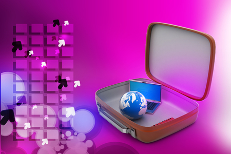 Laptop and earth globe in a brief caseの写真素材