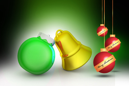 golden Christmas bells decorated with violet bubbleの写真素材
