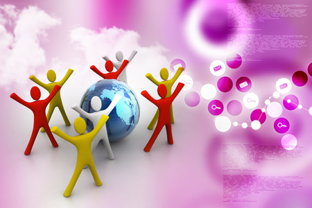 3d render of colored  people around globeの写真素材