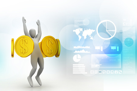 Golden coins around happy 3d small personの写真素材