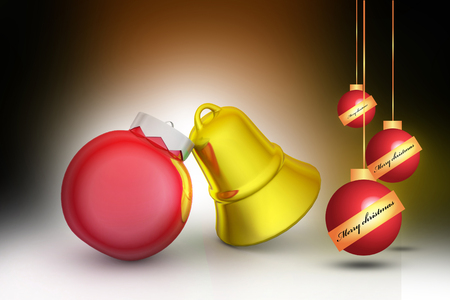 golden Christmas bells decorated with violet bubbleの写真素材
