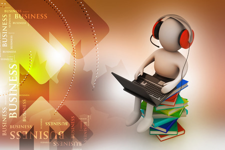 3d man and laptop with booksの写真素材