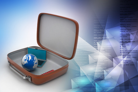 Laptop and earth globe in a brief caseの写真素材