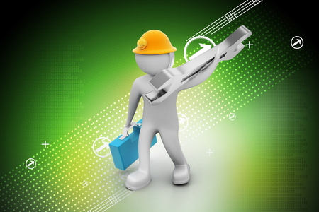 3D construction worker with spanner and safety helmetの写真素材