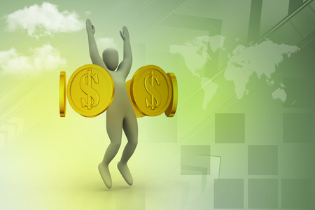 Golden coins and happy 3d small personの写真素材