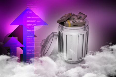 Currency note in trash binの写真素材