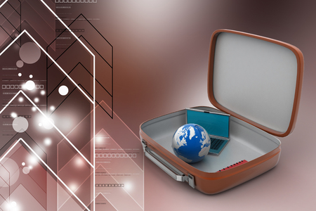 Laptop and earth globe in a brief caseの写真素材