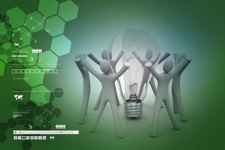 3d man holding a light bulb while thinking - Idea conceptの写真素材